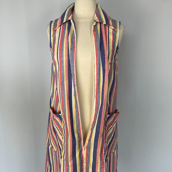 Vintage Smock Dress Size Large Red Blue Stripe Seersucker Zip Casual Retro 70s - Picture 4 of 16